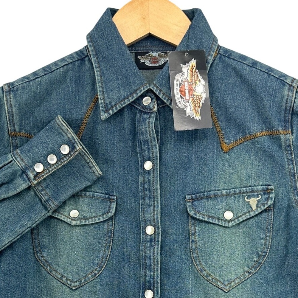 VTG Y2K Harley-Davidson Western Pearl Snap Denim Shirt Blue Embroidered XS (XXS)